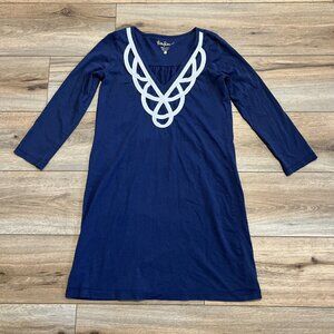 Lilly Pulitzer Blaire Dress SZ XS Navy Blue Embroidered V Neck Pima Cotton
